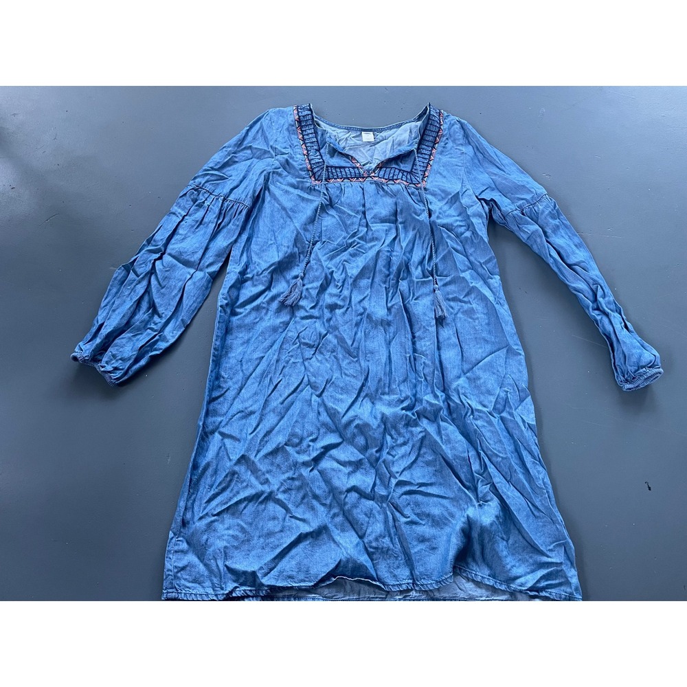 Old Navy Womens Blue Lyocell Embroidered Tassel Boho Shift Mini Dress Medium